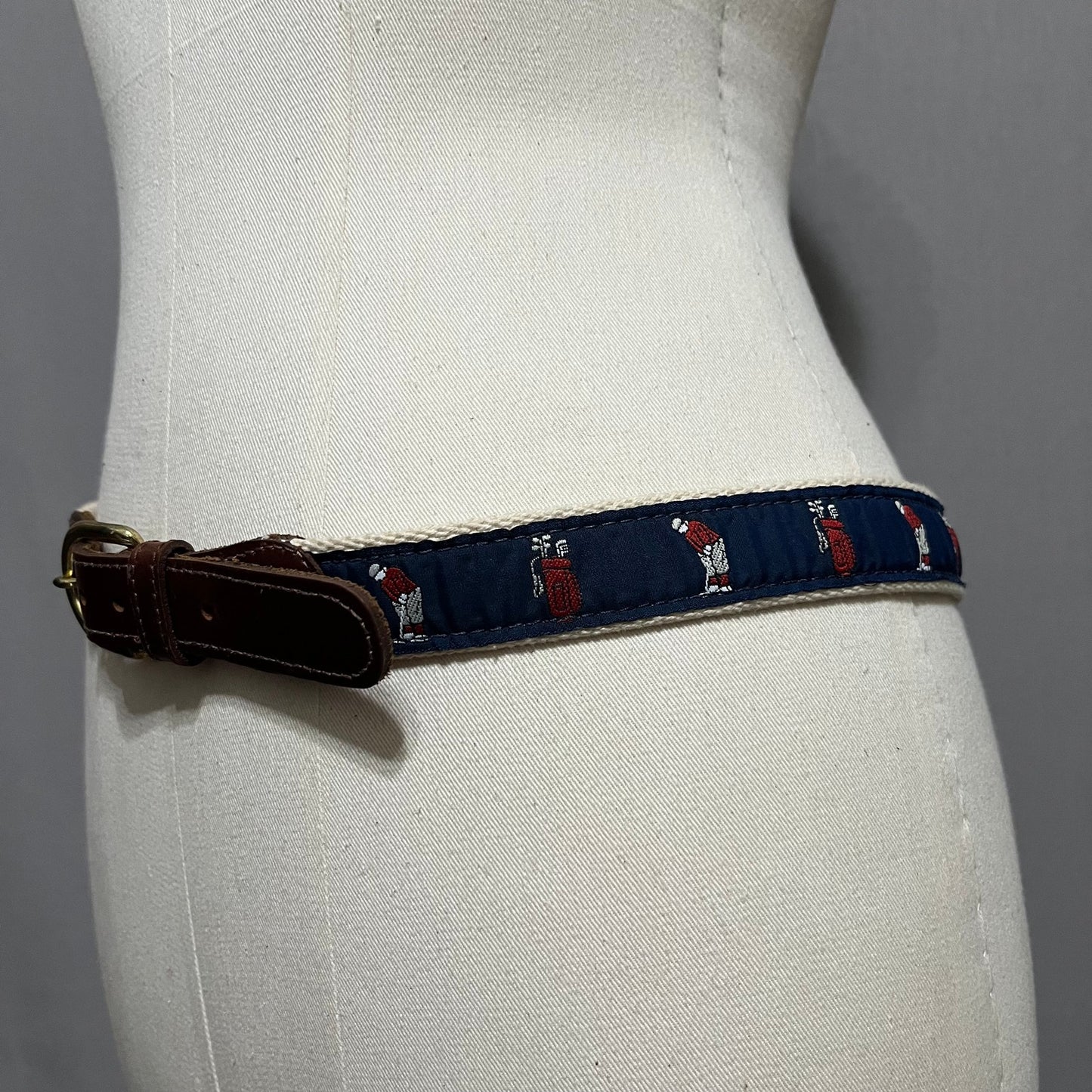 Golf Theme Character Navy & Red With Brown Leather Buckle Belt Sz-Large