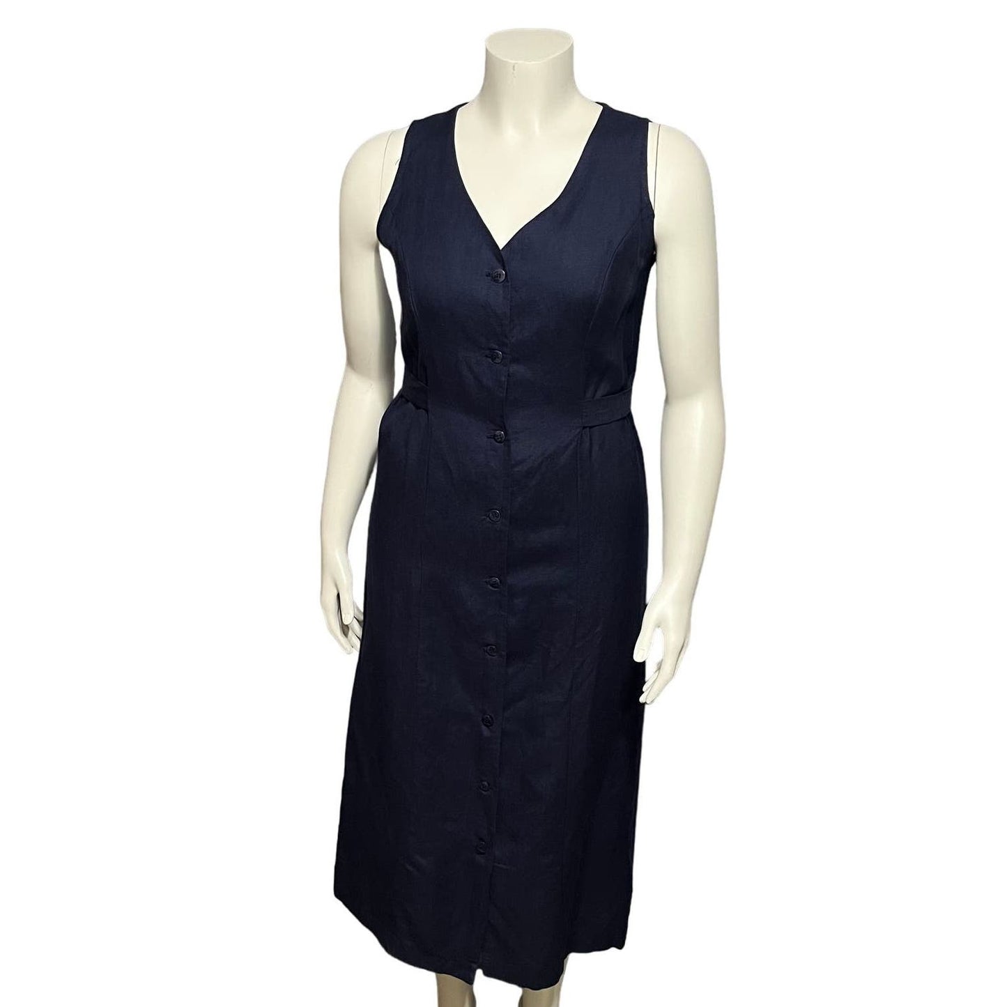 CH Signature Navy  Linen Cotton Maxi Sleeveless Button Front Dress Sz-Small