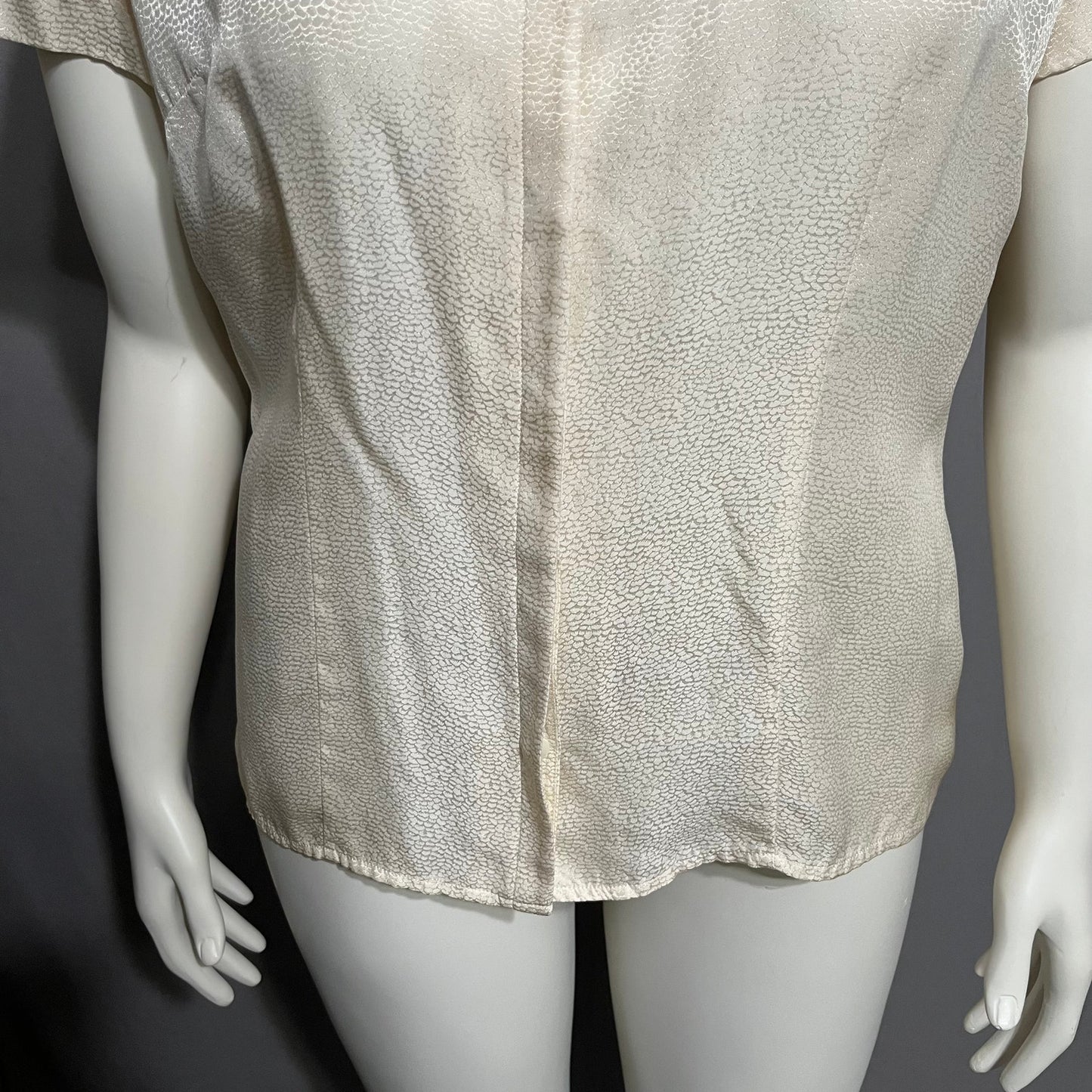 Liz Claiborne Cream Allover Print Button Front Short Silk Sleeve Blouse Sz-10