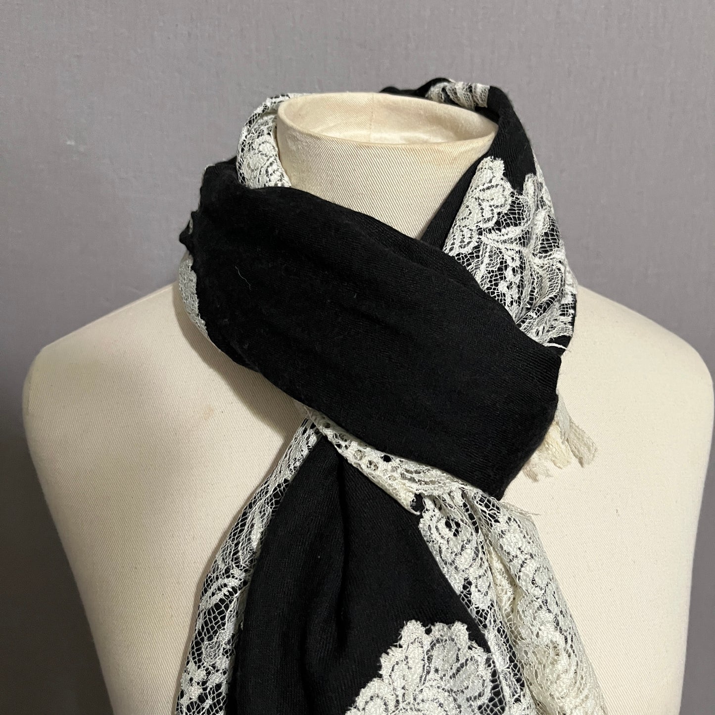 Clever Carriage Company Black and White Lace Wool Silk Scarf