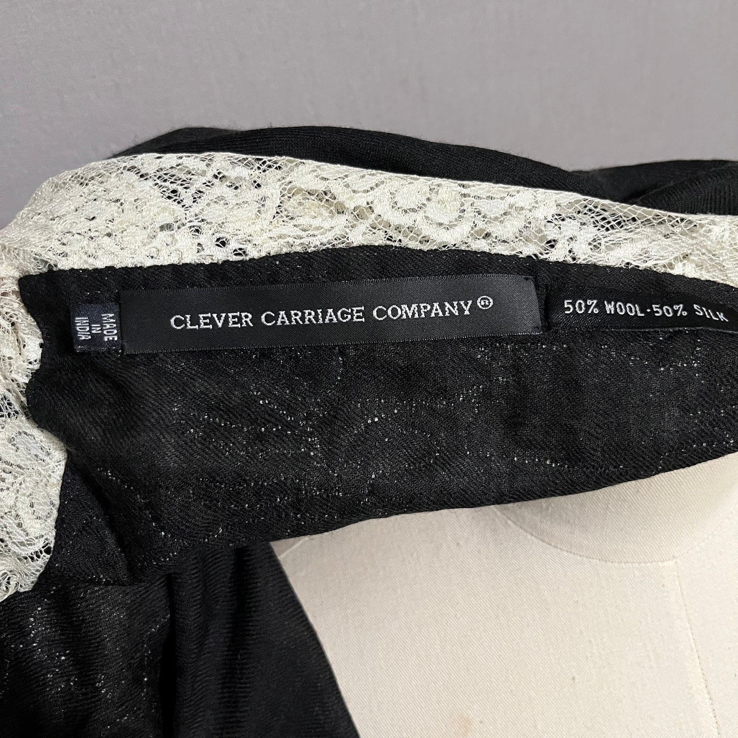 Clever Carriage Company Black and White Lace Wool Silk Scarf
