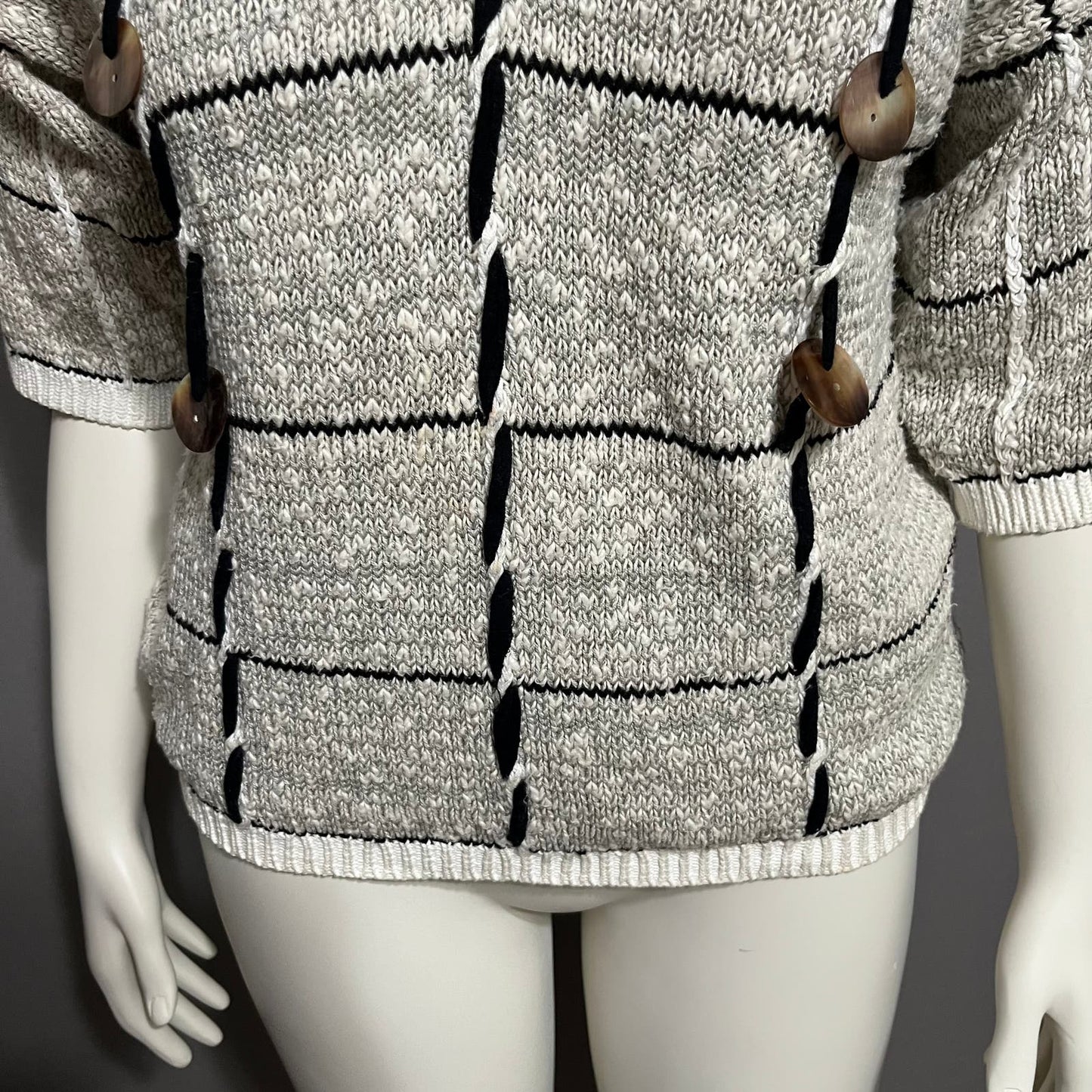 Mariea Kim Vintage Artsy Grid Print Cotton V-Neck Sweater Sz-Large