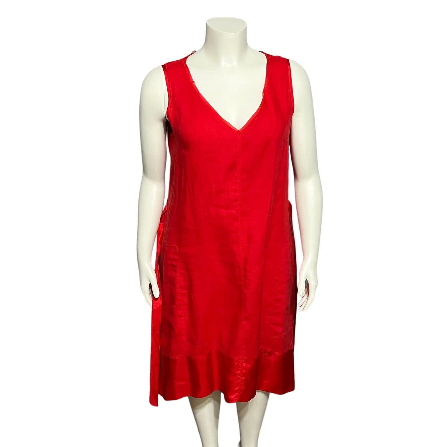 Sundance Red 100% Linen V-Neck Flare With Silk Trim Tie Dress Sz-Large