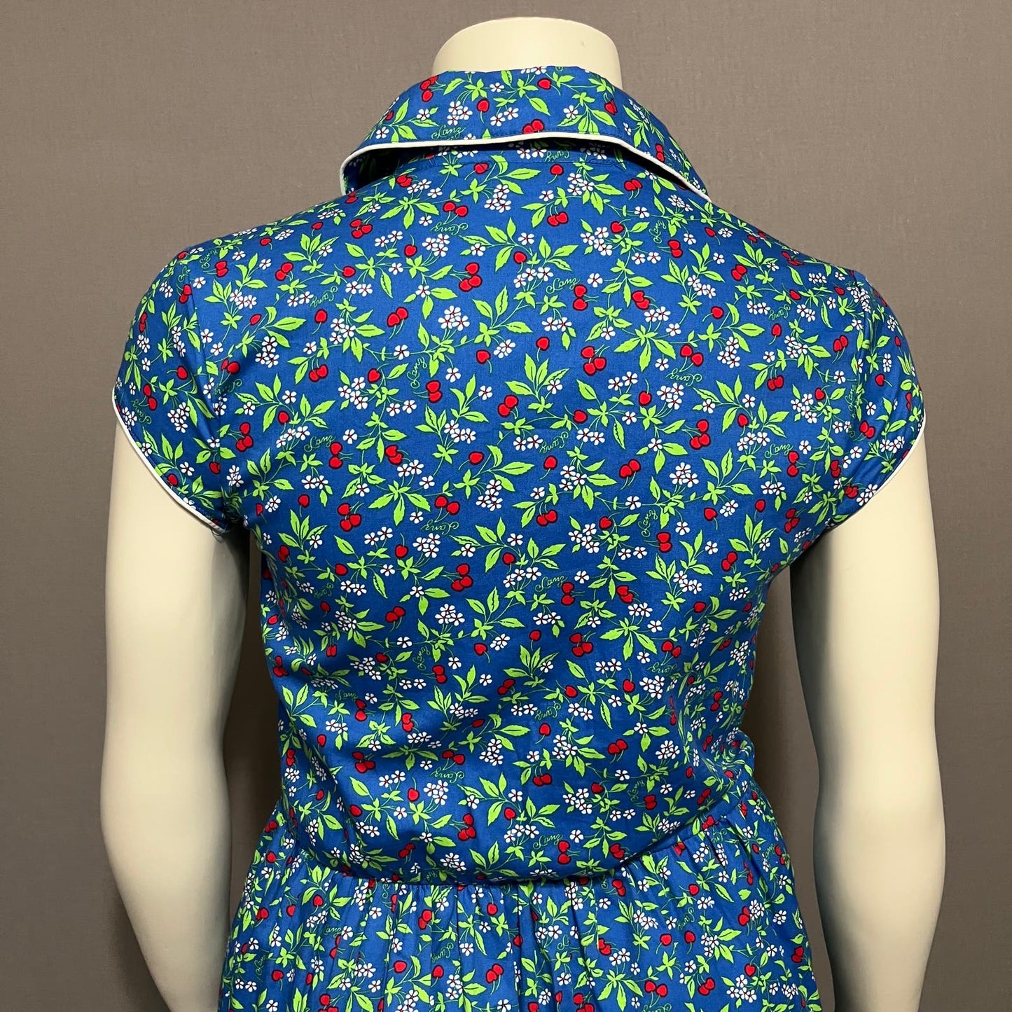 Vintage Floral Cherry Print Blue 100% Cotton Flare Dress Sz-Large