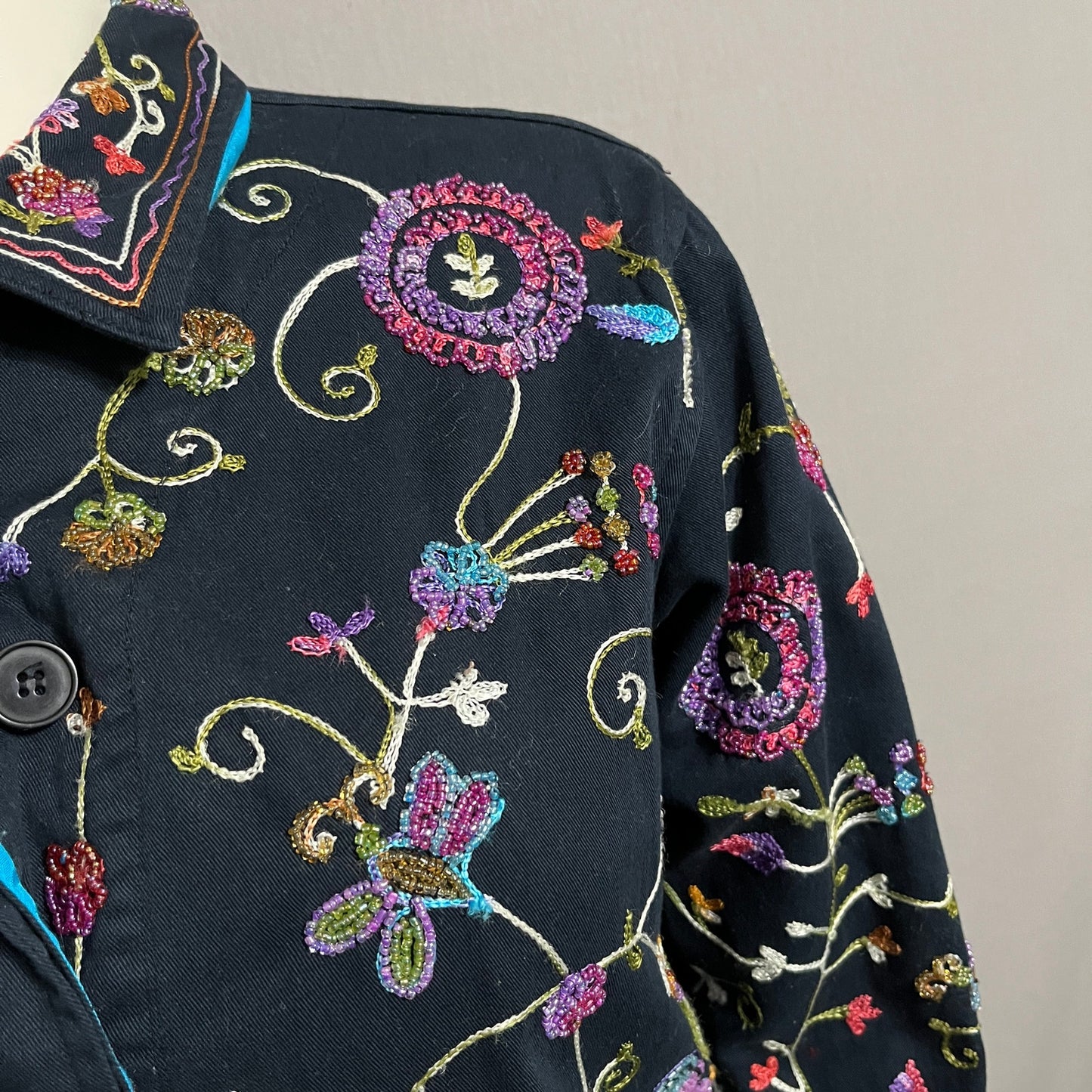 The Quacker Factory Beaded Embroidered Cotton Jacket Butterfly Floral Sz-Small