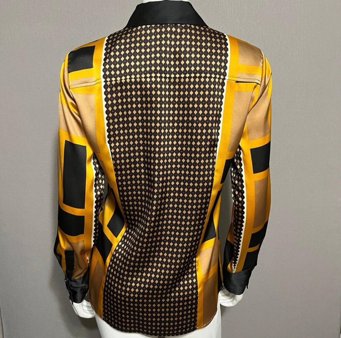 Calvin Klein Geometric Gold & Black Satin Blouse Sz-Small