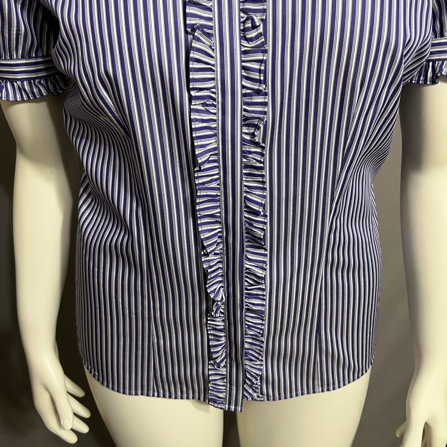 Thomas Pink Womens Purple 100% Cotton Striped Shirt Ruffle Short Sleeve  Sz-10