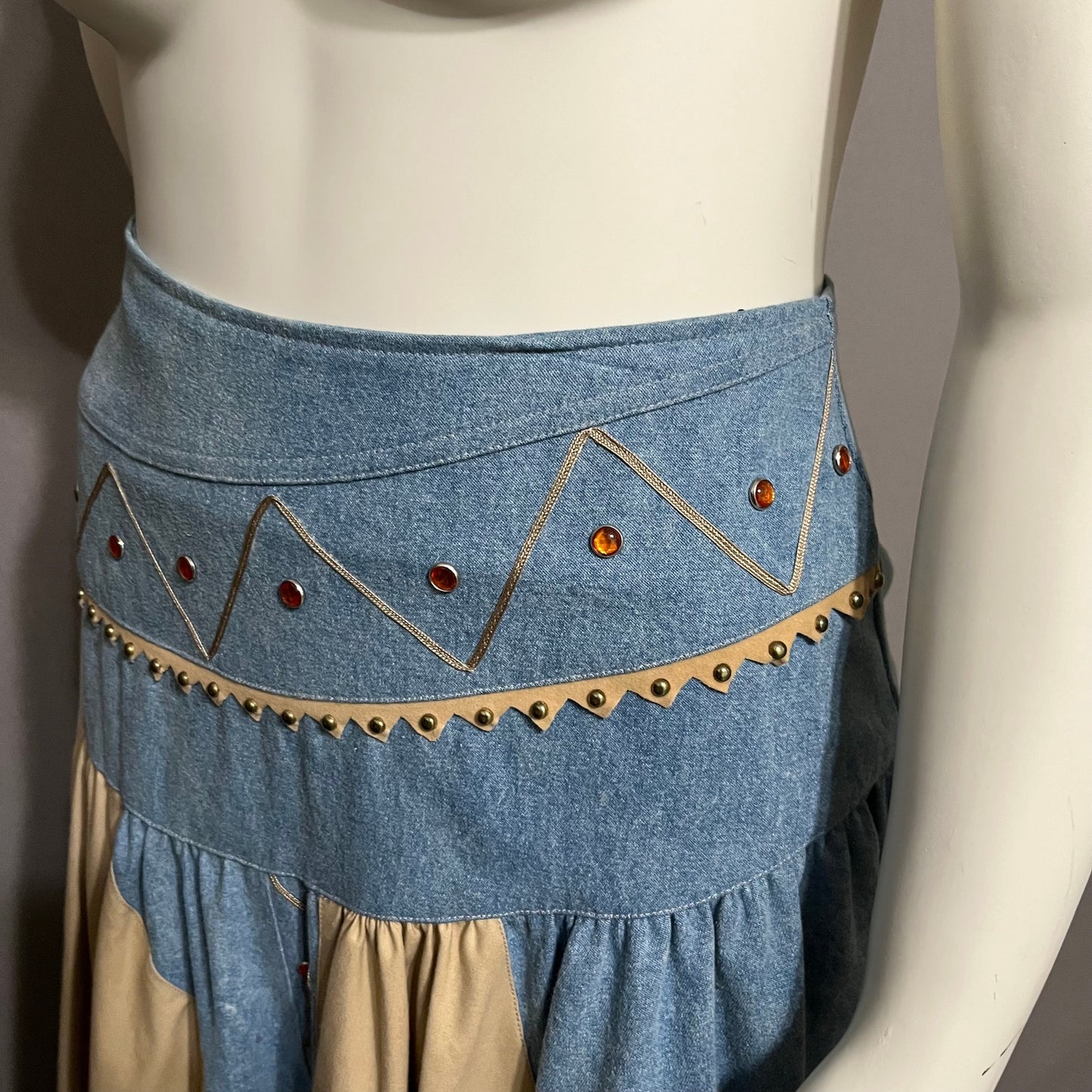 Vintage 80s Suzelle Denim Cotton Tan Pleated Drop Waist Maxi Skirt Sz-12