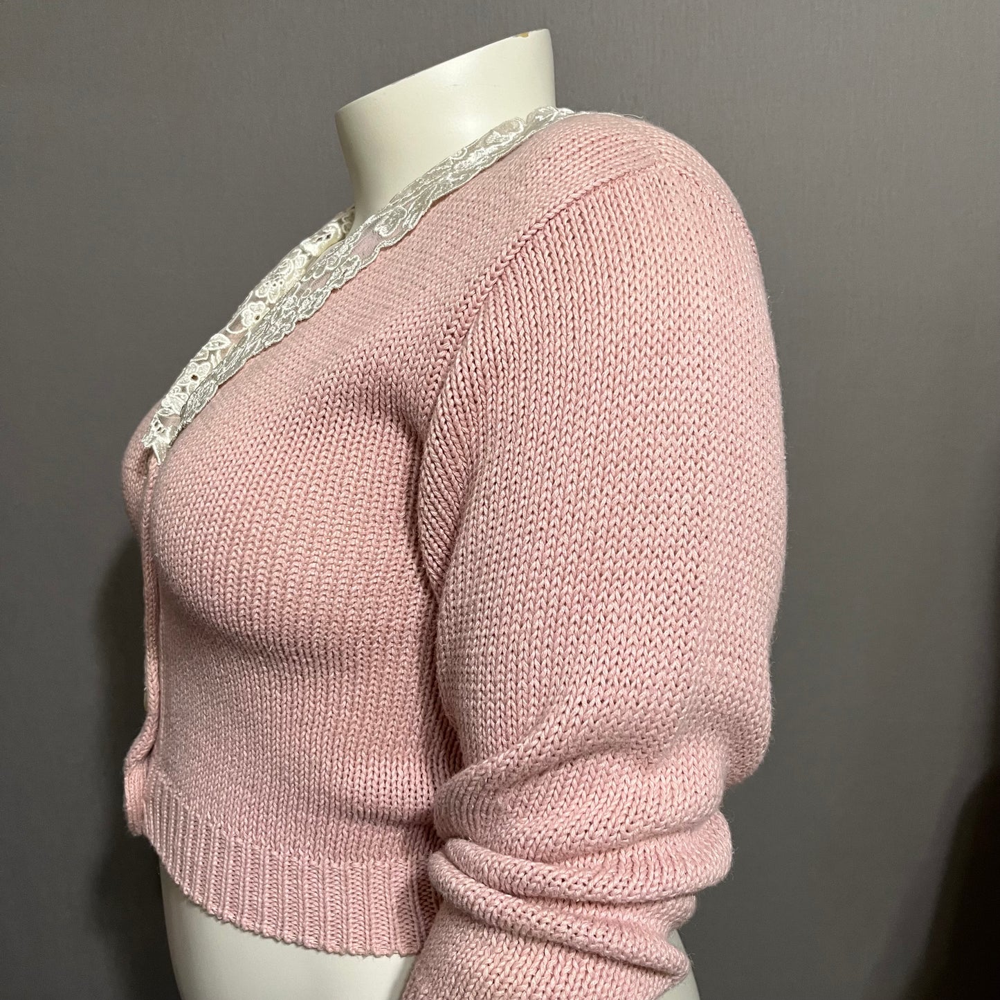 Vintage Chaus Light Pink Lace Collar Cardigan Sweater Petite