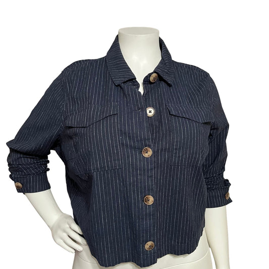 Lane Bryant Navy Linen / Cotton Striped Lightweight Jacket Sz-18