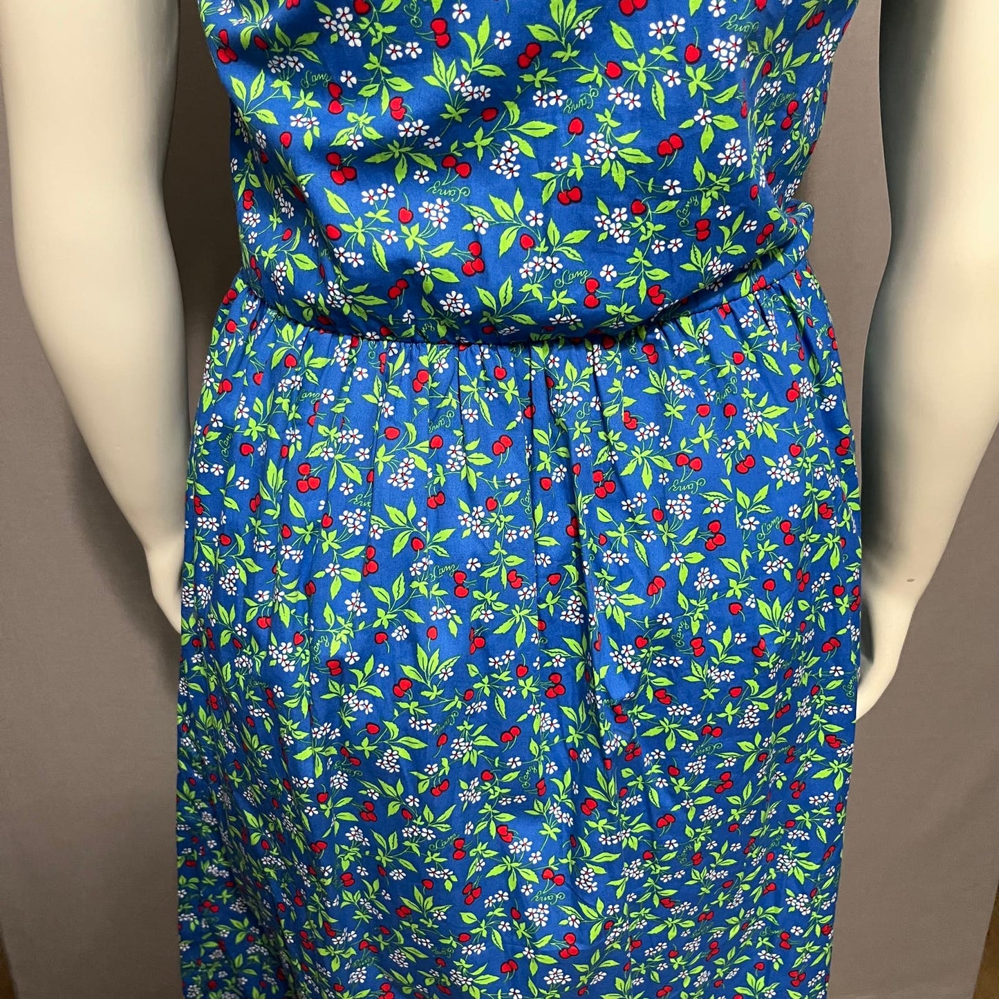 Vintage Floral Cherry Print Blue 100% Cotton Flare Dress Sz-Large