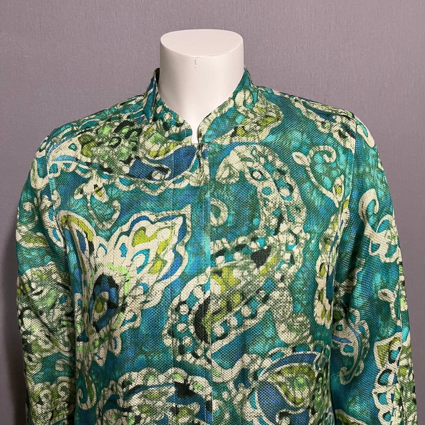 Laura Ashley Green Paisley Print Silk Linen Blend Lightweight Jacket Sz-Large