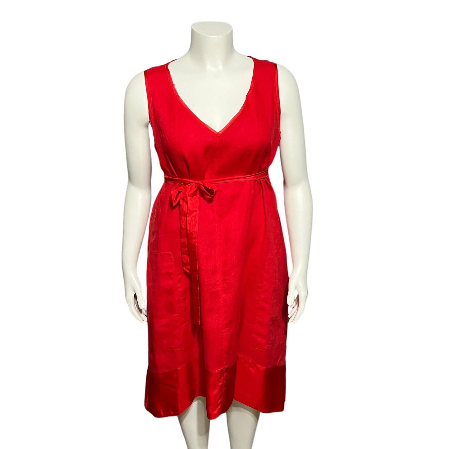 Sundance Red 100% Linen V-Neck Flare With Silk Trim Tie Dress Sz-Large