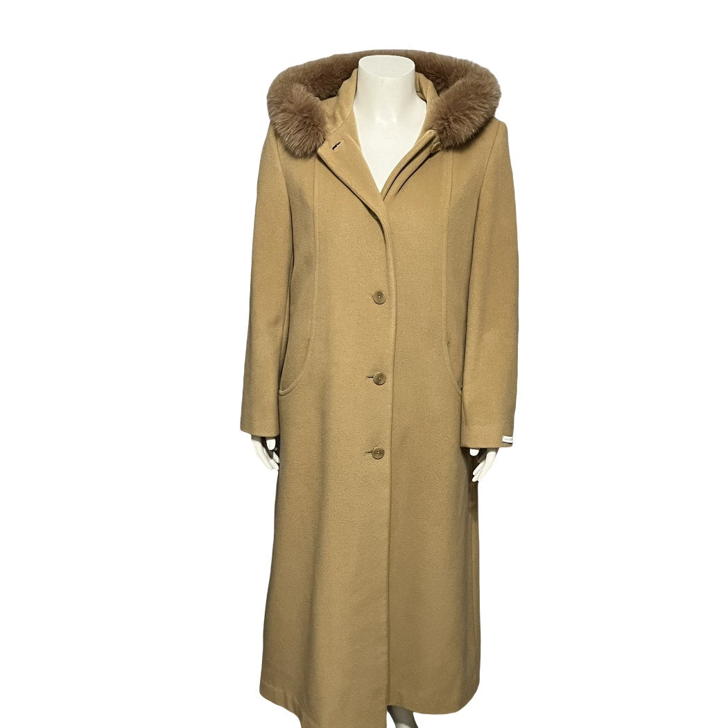 Liz Claiborne Camel Wool Cashmere Blend With Hood Longline Winter Coat Sz-12