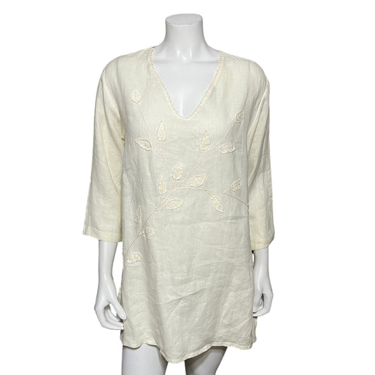 Cream 100% Linen Leaf Print V-Neck Tunic Top Sz-Large