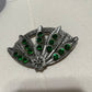 Vintage Silver Toned Green Emerald Fan Brooch