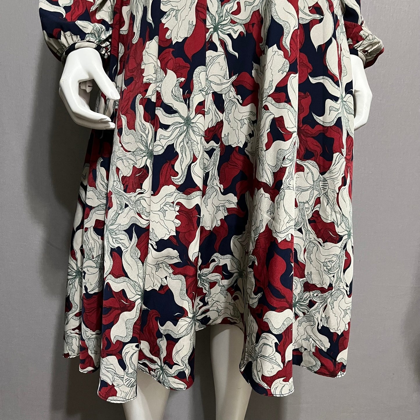 PinkyOtto Gray Maroon Navy Floral Leaf Long Sleeve Dress Sz-8