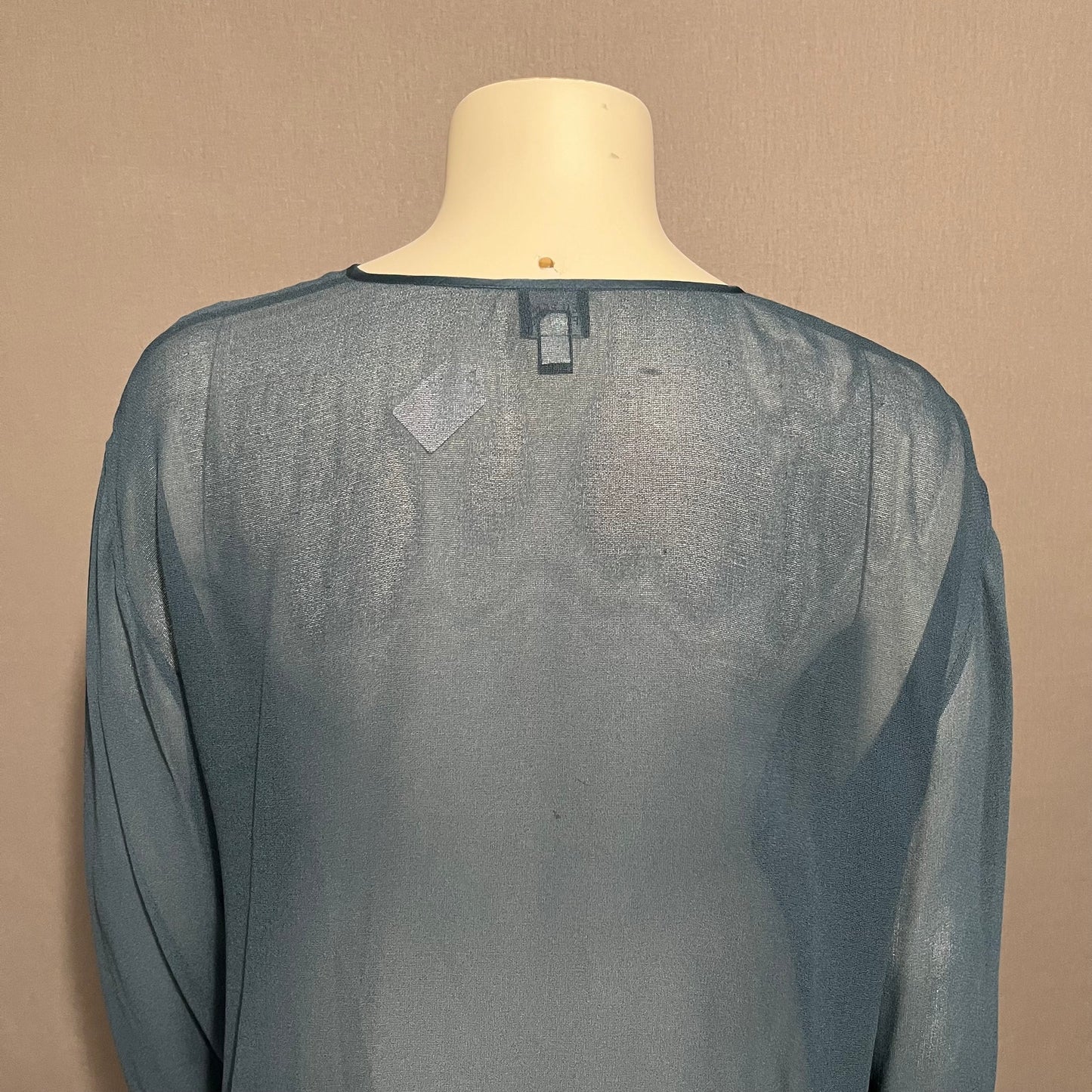 Eileen Fisher Teal 100% Silk Chiffon Sheer Button Front Blouse Sz-Large