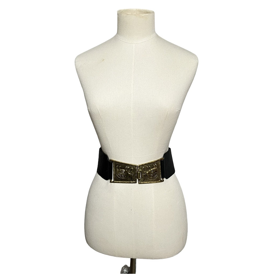 Chicos Black Elephant Gold Metal Buckle Stretch Belt Sz-Medium/Large