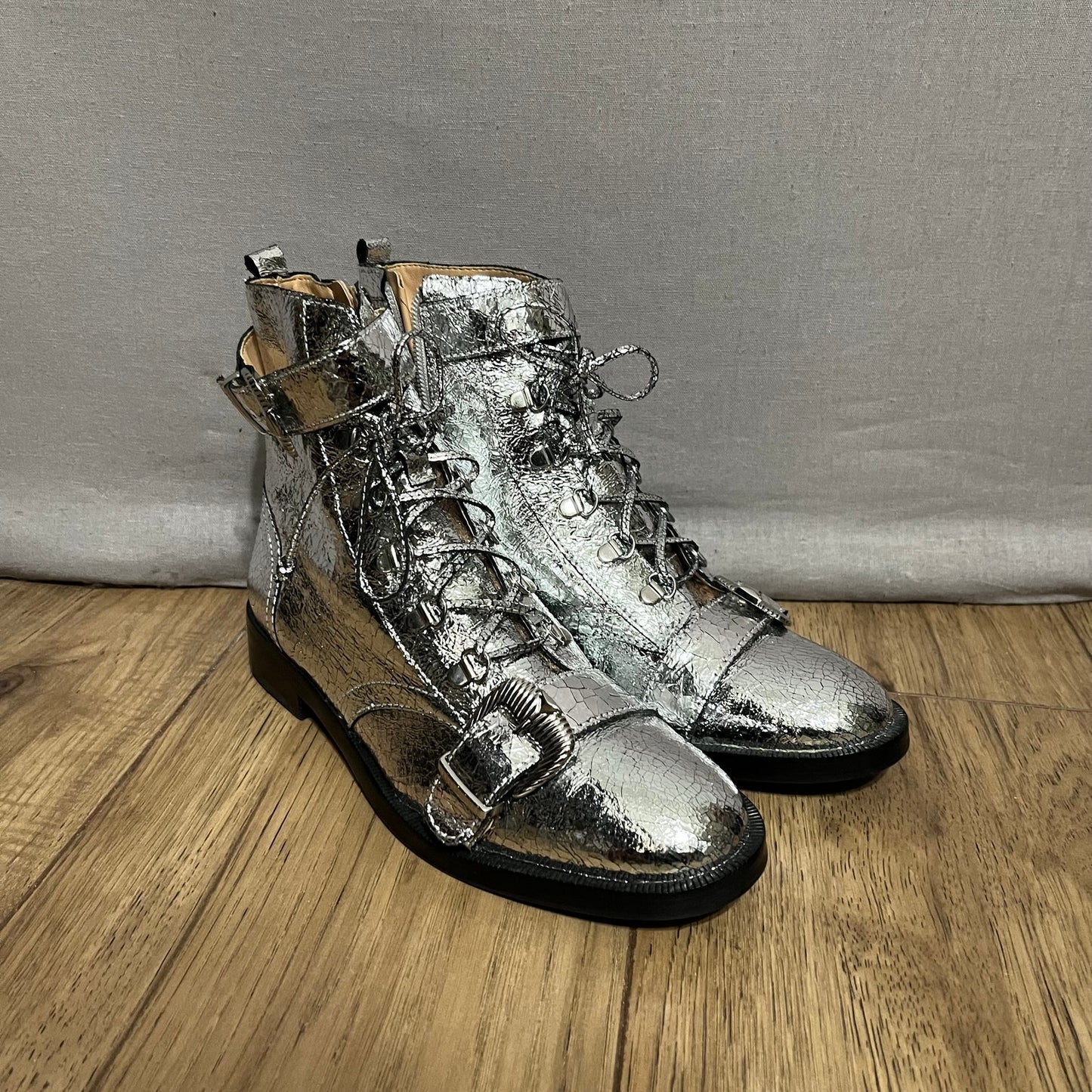 Schutz Silver Metallic Combat Ankle Boots Sz-8