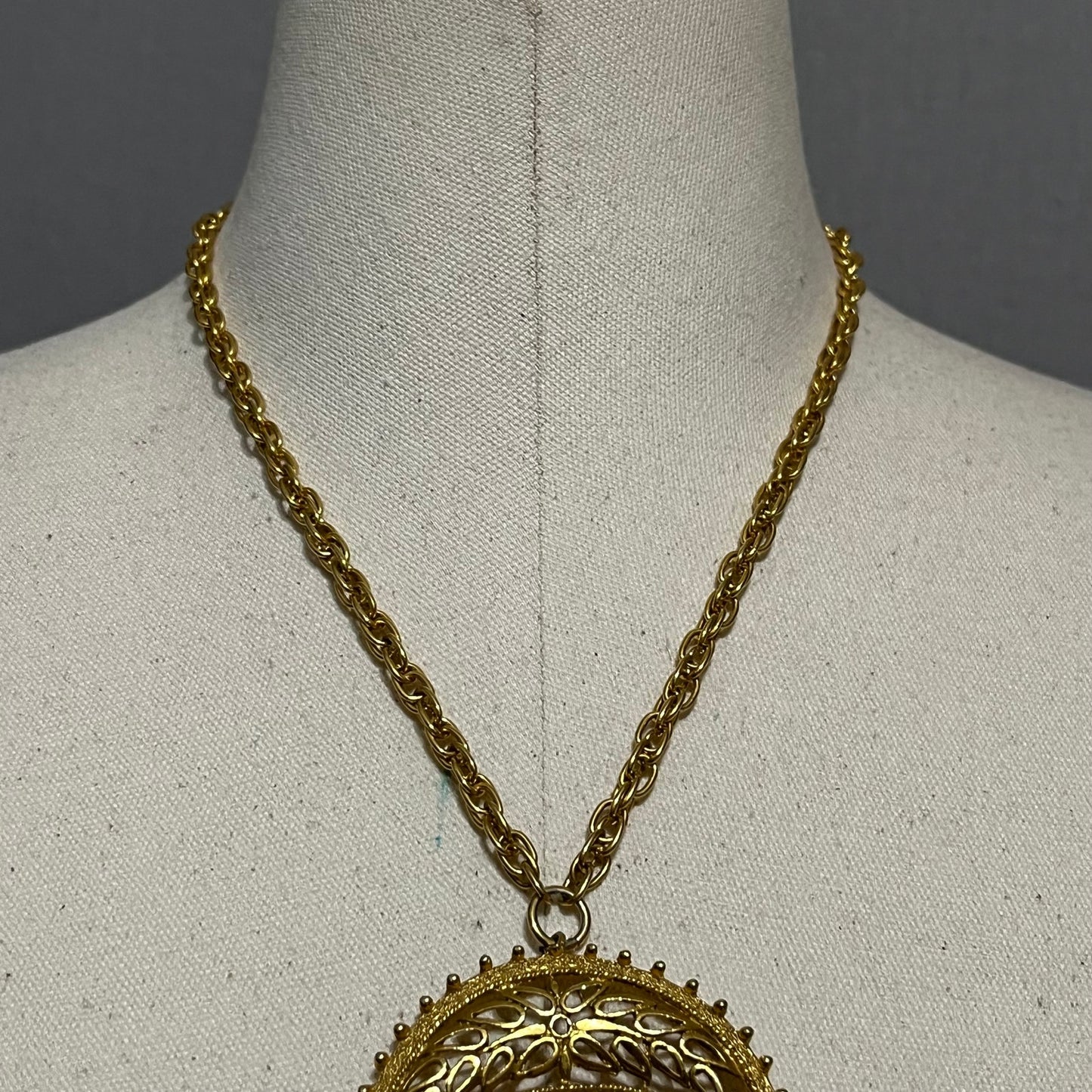 Vintage 1960s Brass Pendant With Floral Filigree Design Necklace