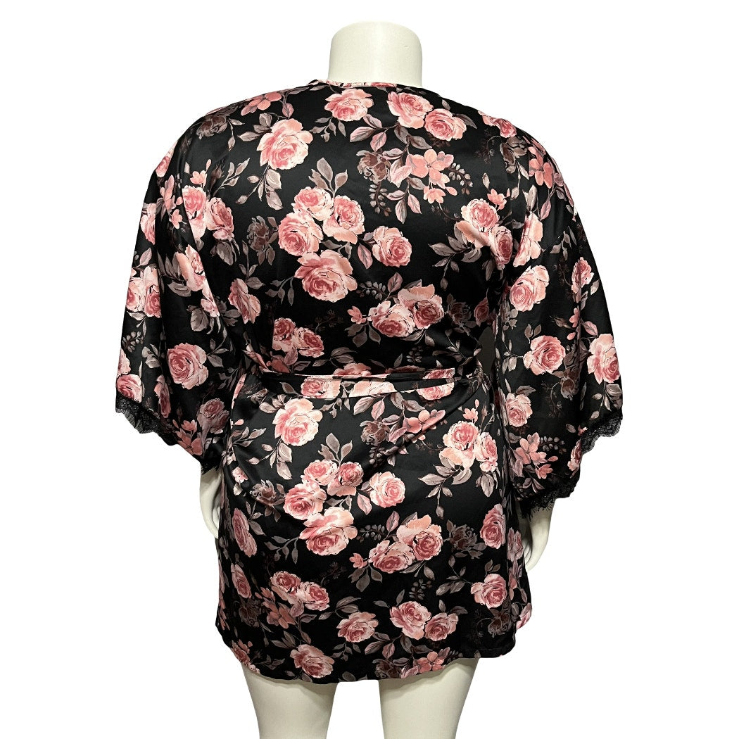 Secret Treasure Black Floral With Lace Robe Sz-XL/1X