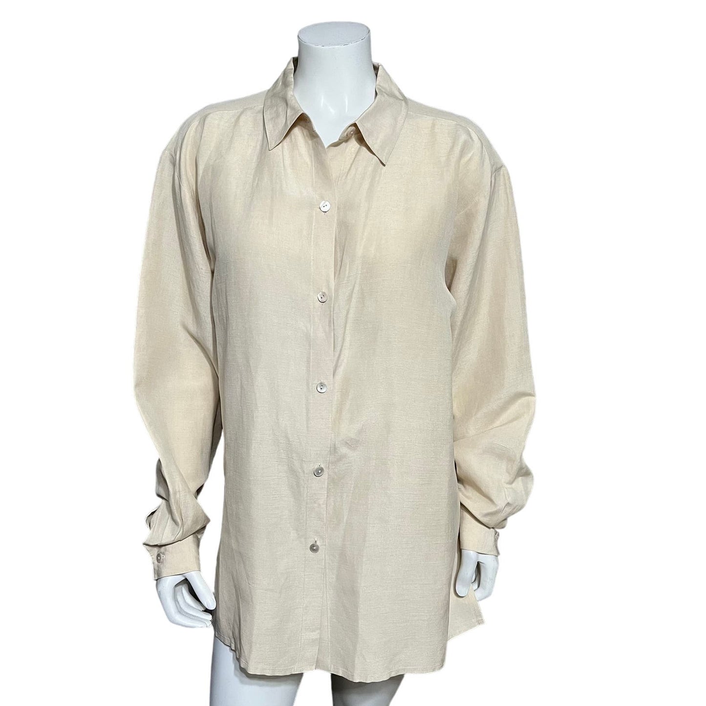 Eileen Fisher Tan Linen & Silk Blend Button Front Shirt Sz-Large