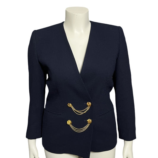 Kasper Navy Draped Gold Chain Collarless  Career Blazer Sz-6P