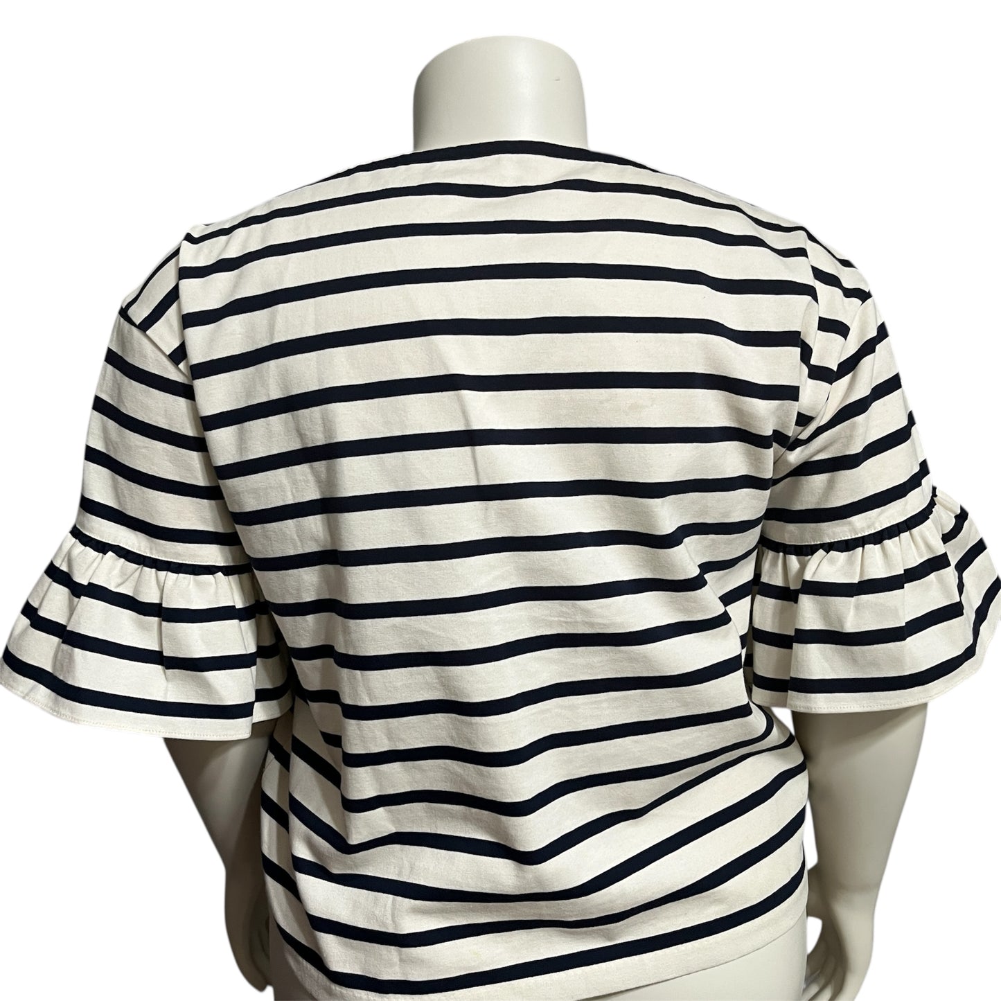Cream & Navy Striped 100% Cotton Flare Sleeve Top Sz-XL