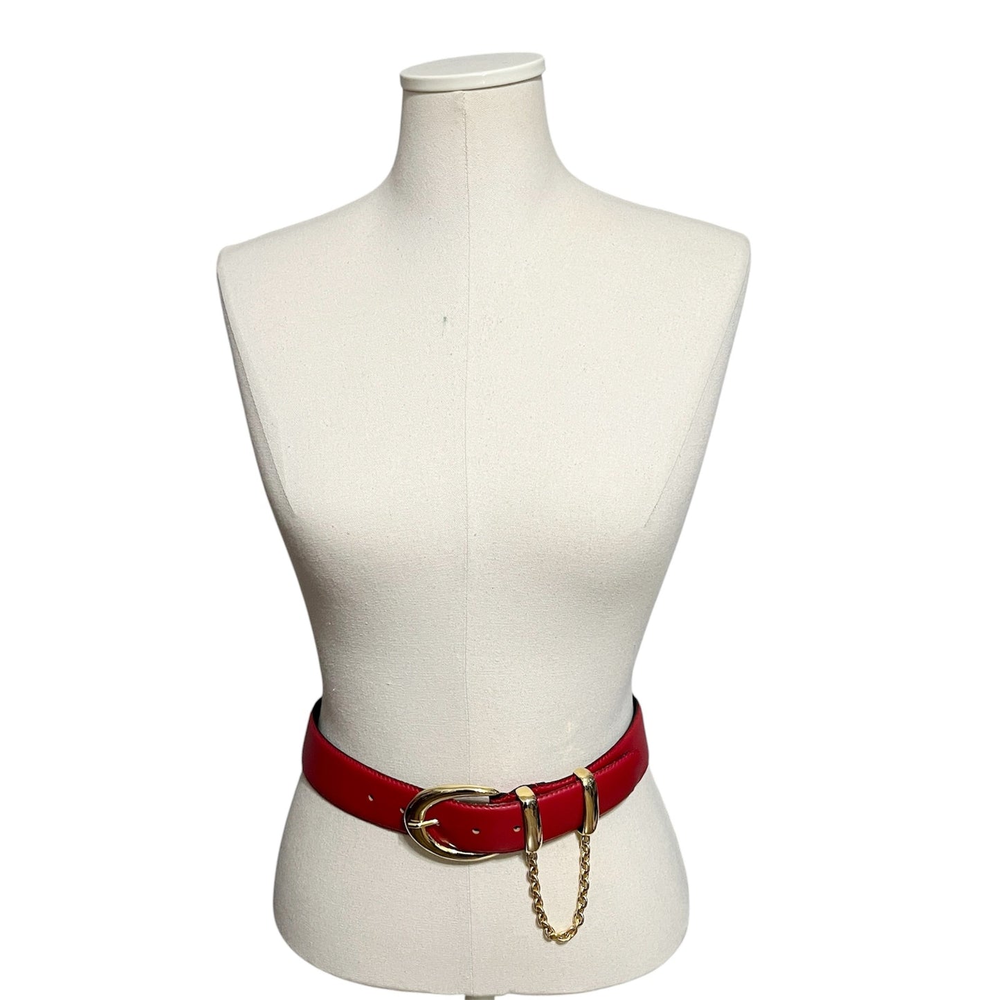 Vintage Tarox Made In Italy Red Leather Gold Buckle With Chain Belt Sz-Sm/Med