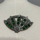 Vintage Silver Toned Green Emerald Fan Brooch