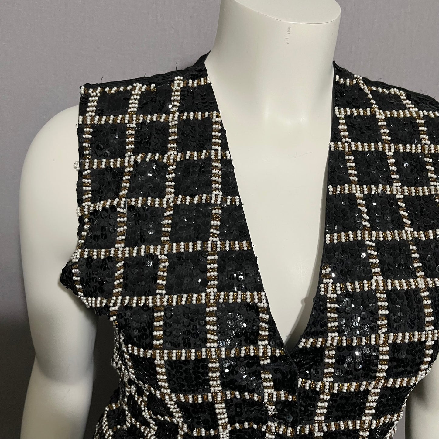 Theo Beaded Gold Black Sequin Square Print Vest Sz-Medium