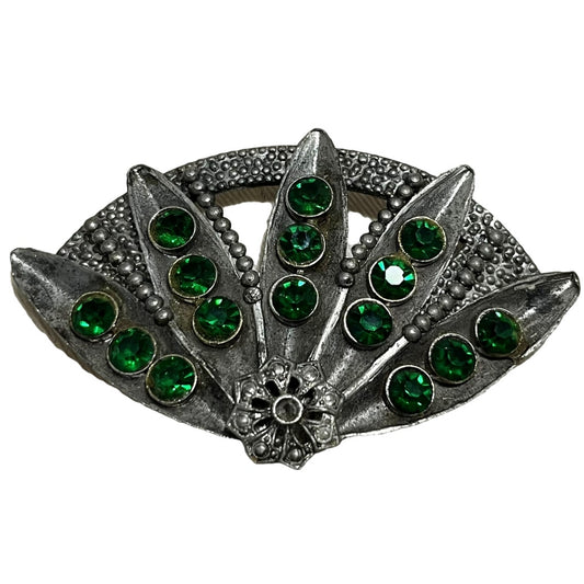 Vintage Silver Toned Green Emerald Fan Brooch