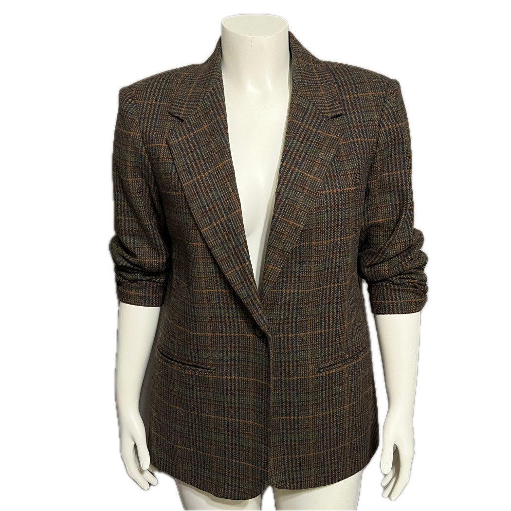 Vintage Requirements Chocolate Wool Blend Plaid One Button Blazer Sz-12