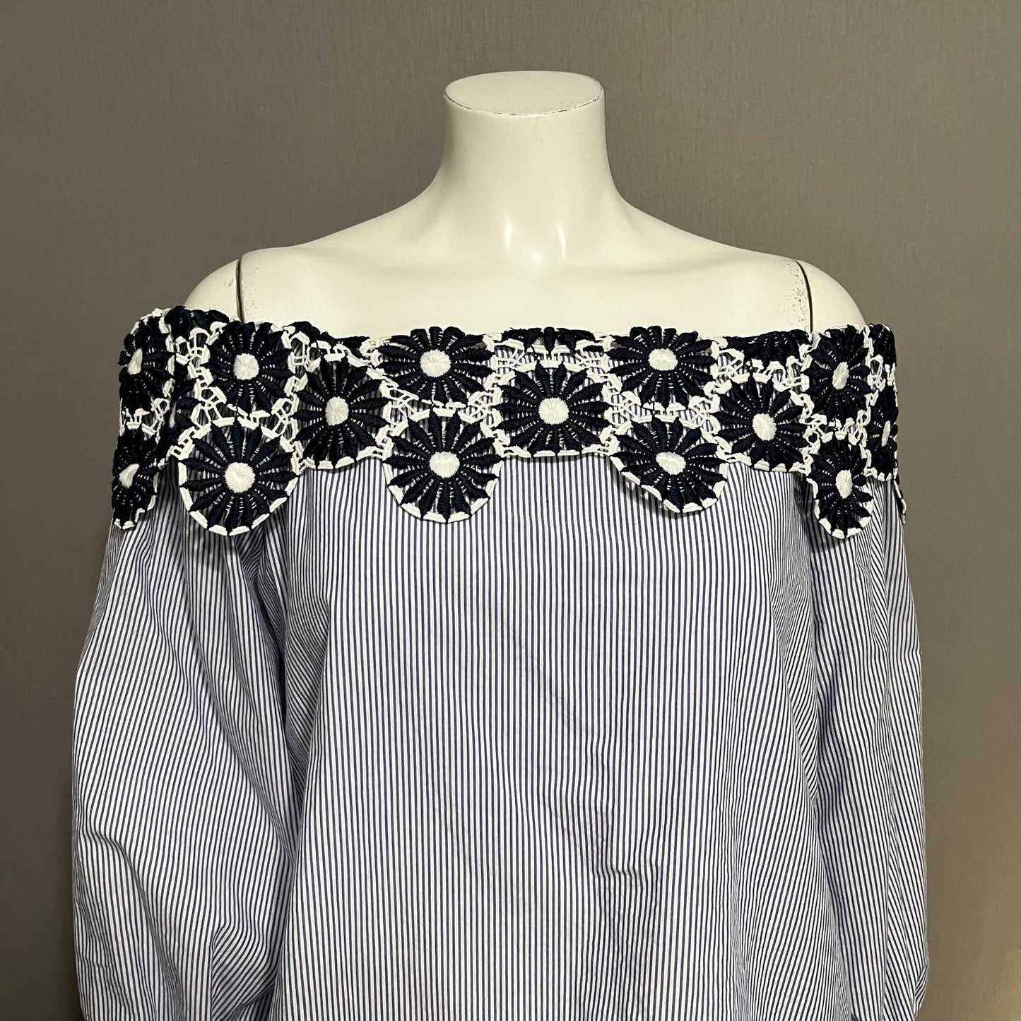 Loft Off The Shoulder Floral Crochet Striped Shirt Sz Large