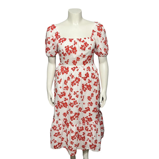 J. Crew Red Floral Short Sleeve Cotton Midi Ruffle Hem Dress Sz-8