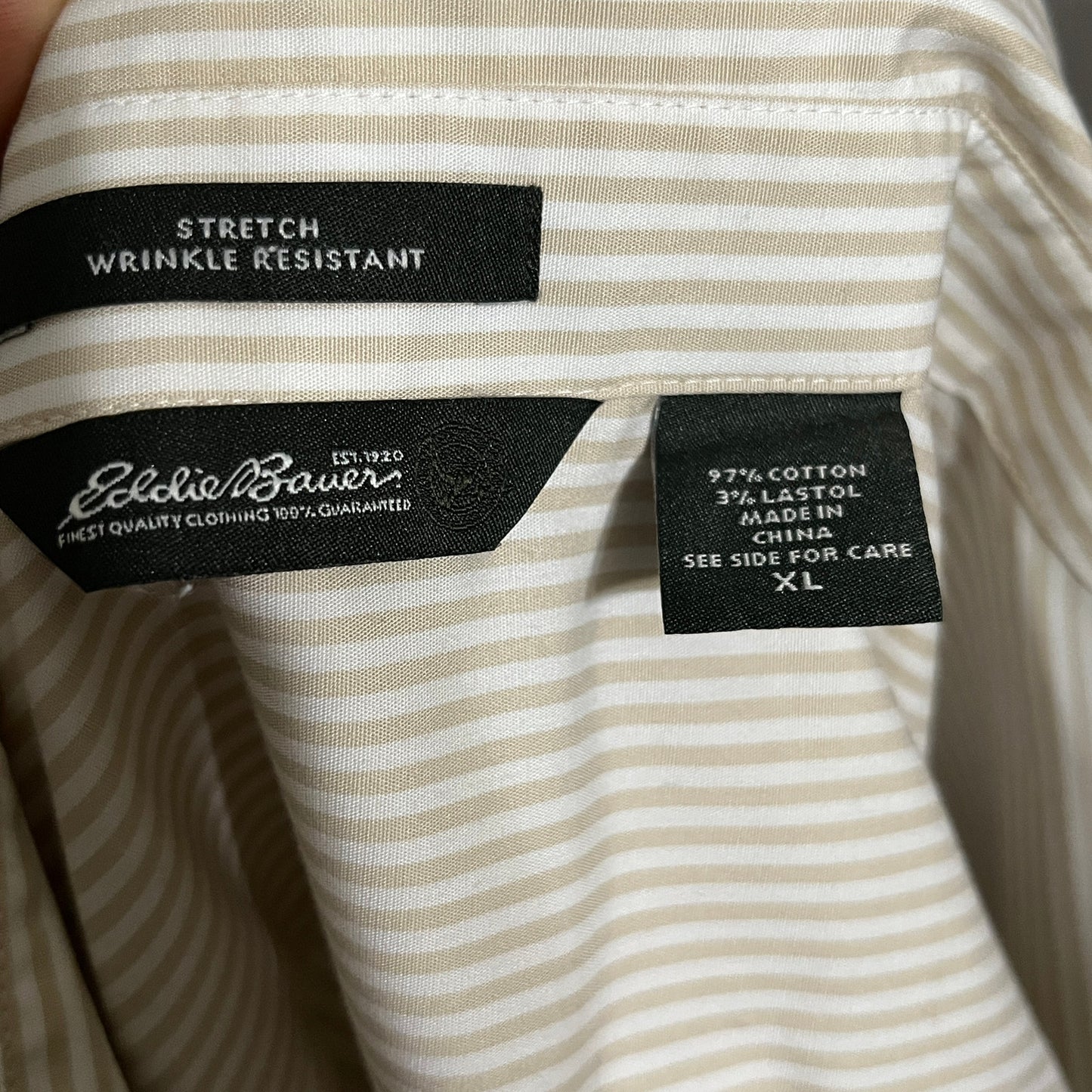 Eddie Bauer Striped Women’s Button Front Shirt 3/4 Sleeve Tan White Sz-XL