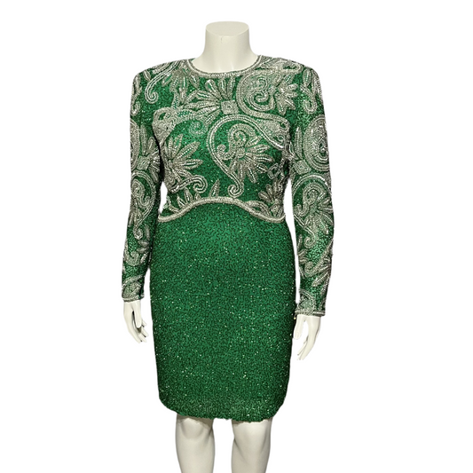 Vintage Green Holiday Evening Beaded Sequin 100% Silk Dress Sz-10 (labeled 12)