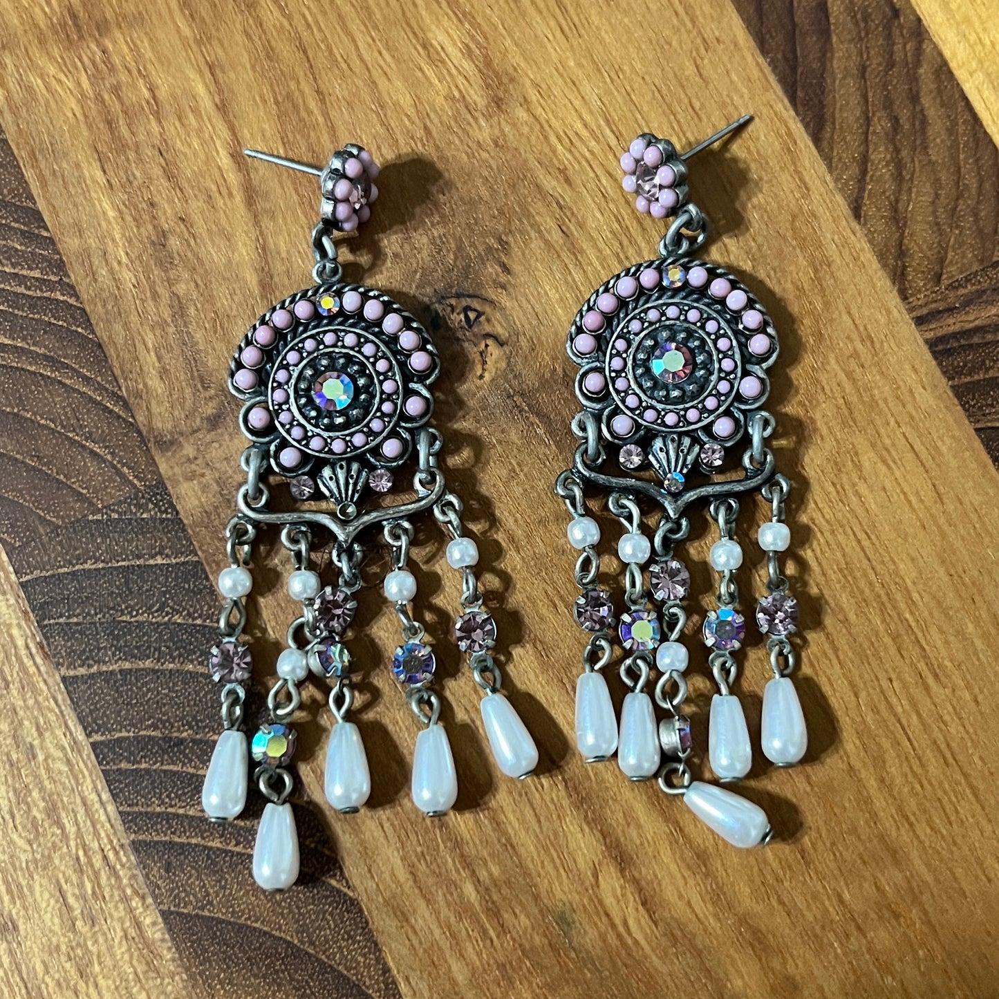 Boho Pink and Silver Chandelier Earrings