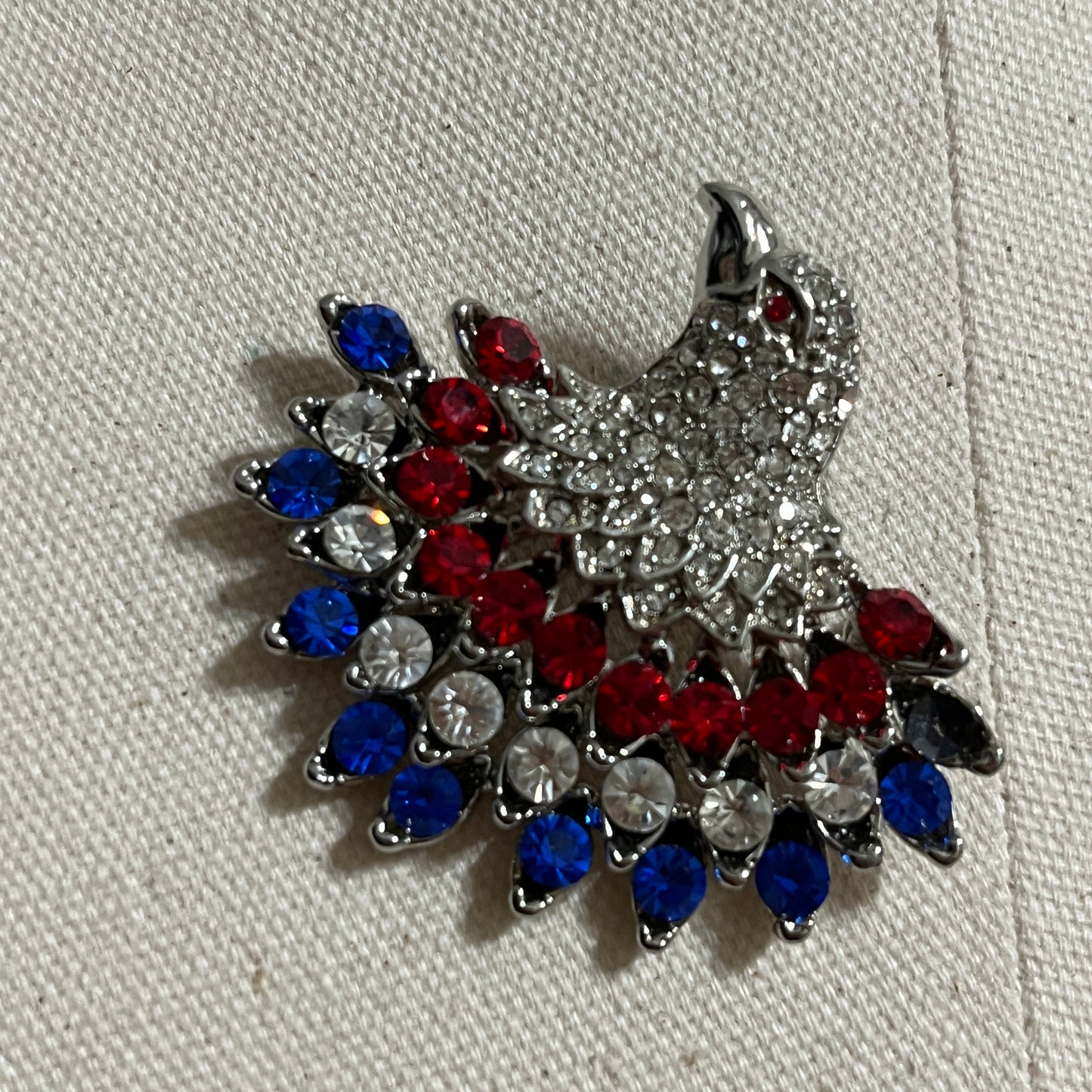 Eagle Patriotic Silver, Red, and Blue Crystal Brooch