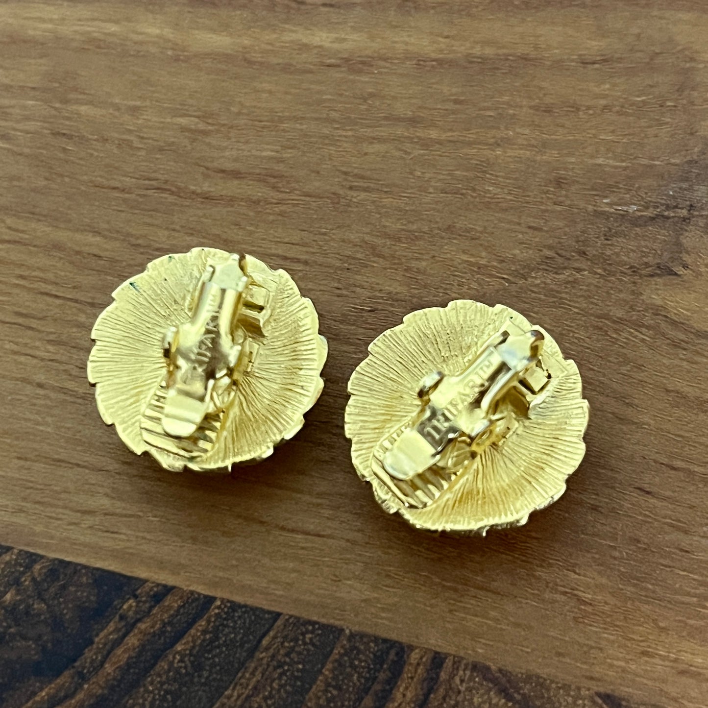 Trifari Gold and Pink Stud Clip On Earrings