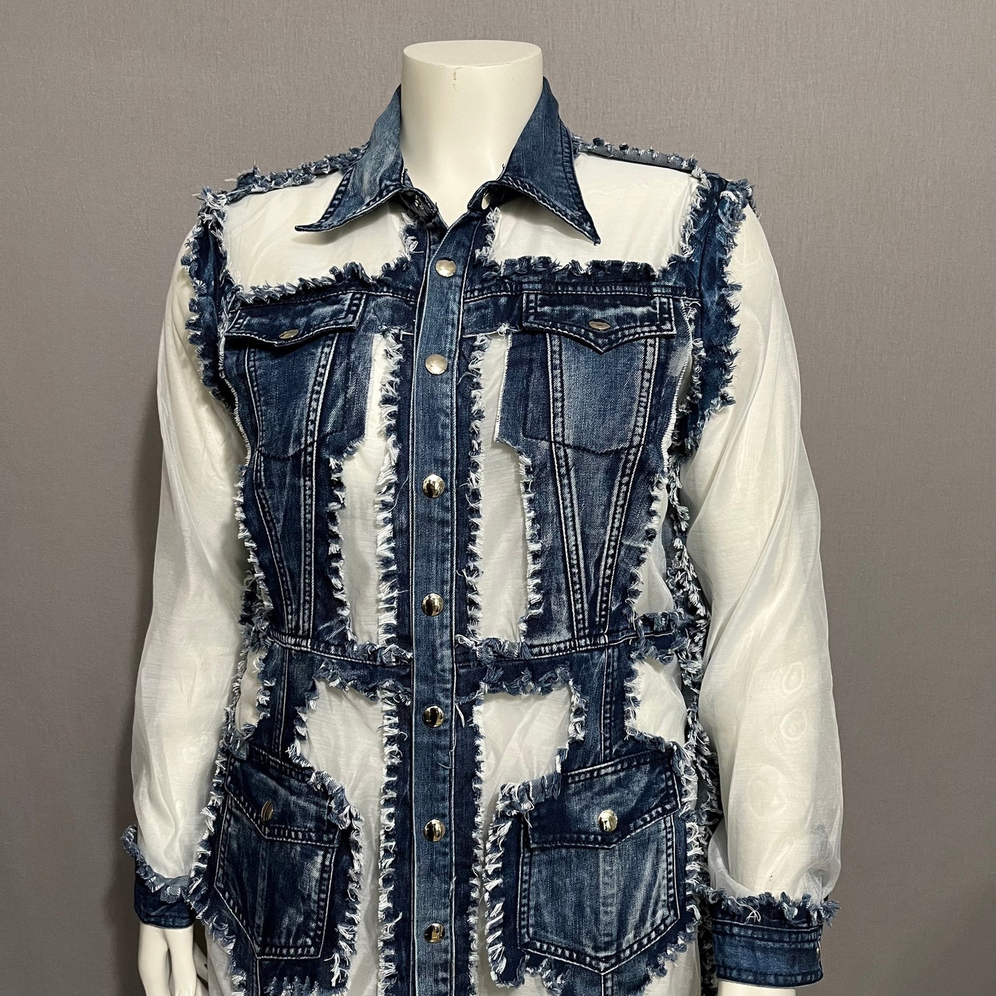 Adore Long Sheer Distressed Denim Jean Jacket Sz-Large