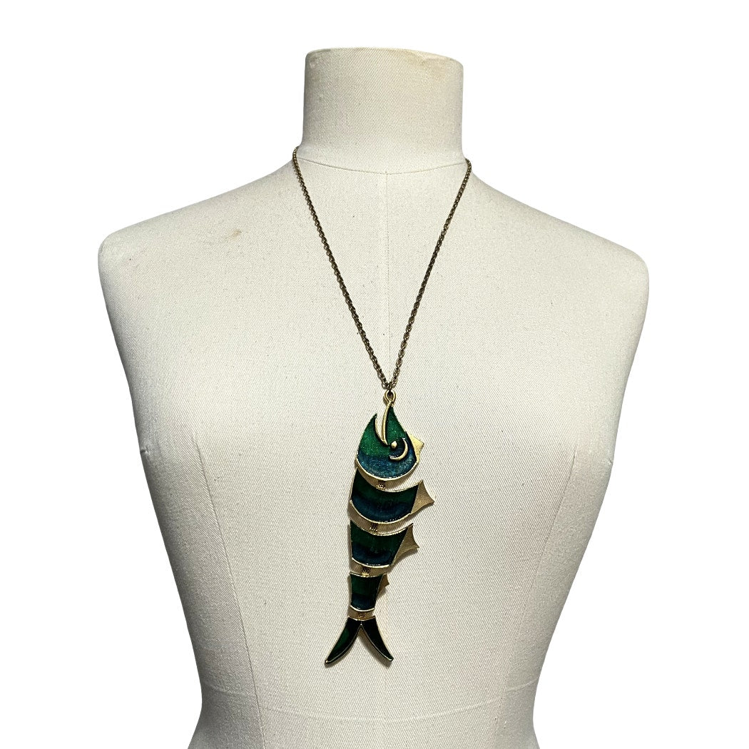 Vintage Enamel Emerald Green Articulated Fish Pendant Necklace