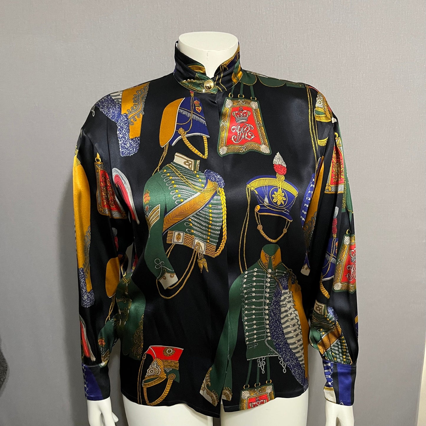 Vintage RARE Escada Military Print 100% Silk Art To Wear 100% Silk Blouse Sz-38