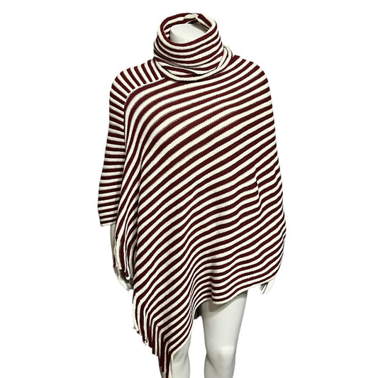 Striped Maroon Turtleneck Pullover Poncho Fringed Sweater Sz-One Size