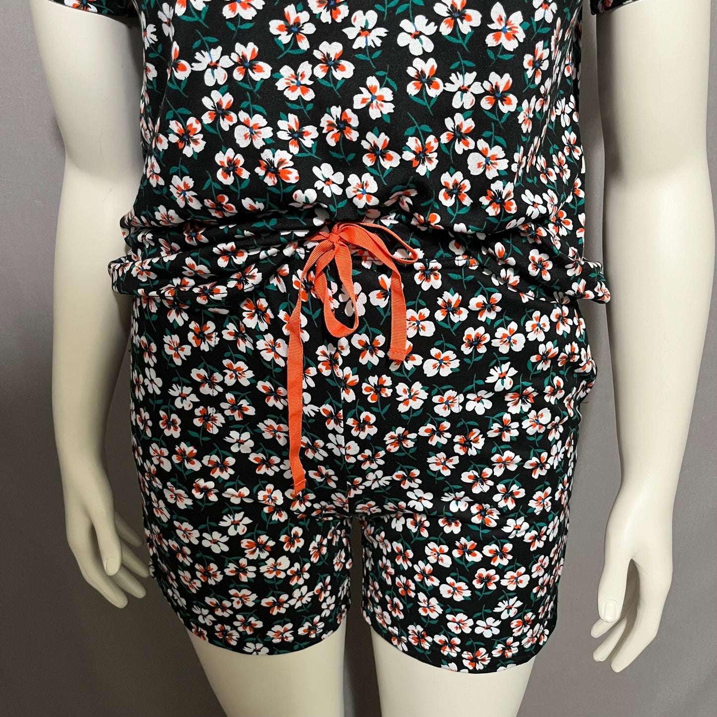 Cuddl Duds 2Pc Black Floral Print Comfy Drawstring Shorts Pajama Set Sz-Sm/Md