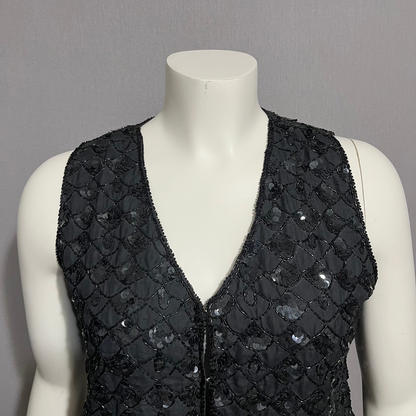 Vintage Sweet Sue Black Allover Sequin Beaded 100% Silk Vest Sz-Medium