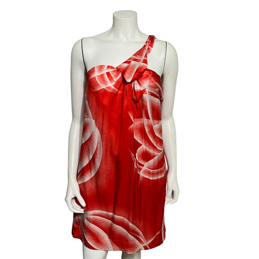 BCBG Maxazria One Shoulder 100% Silk Red Floral Dress Sz Large