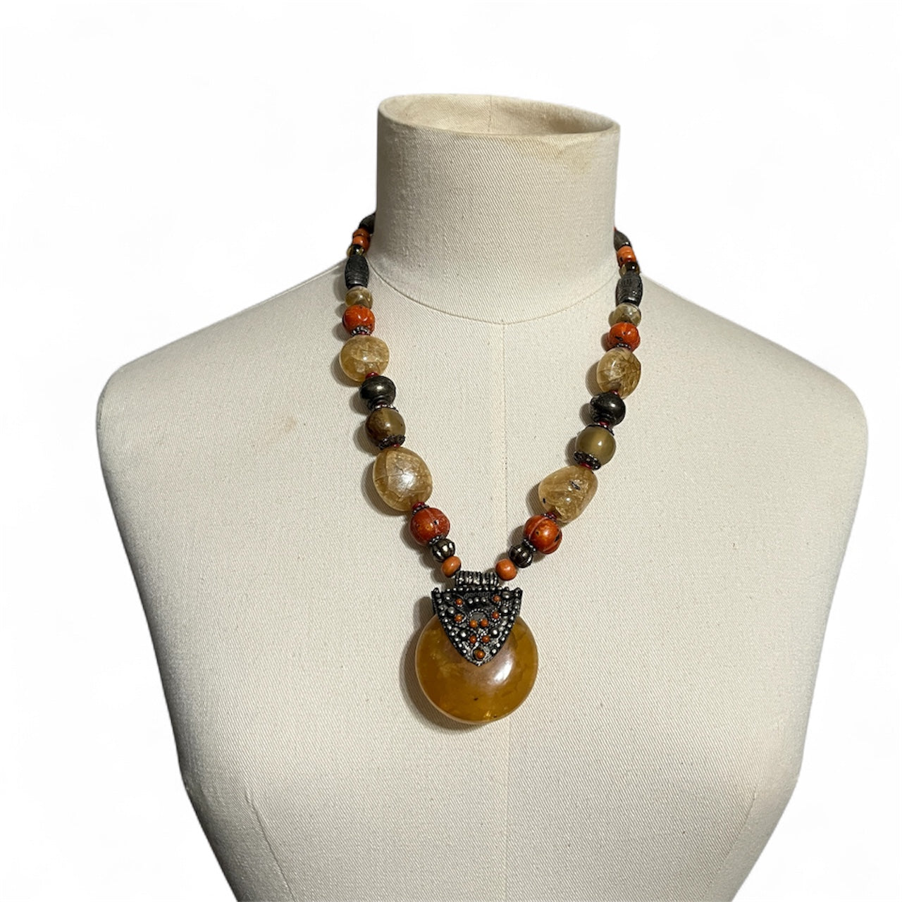 Autumn Beaded Pendant Necklace with Amber and Brown Tones