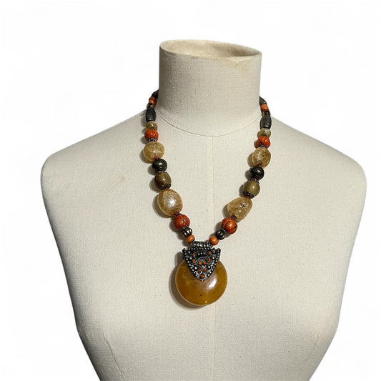 Autumn Beaded Pendant Necklace with Amber and Brown Tones